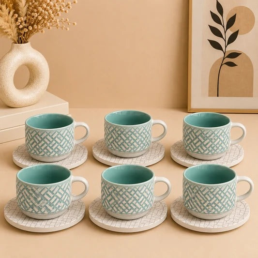 Danny Home Patterned Ceramic Cup and Saucer Set – 6 Pieces