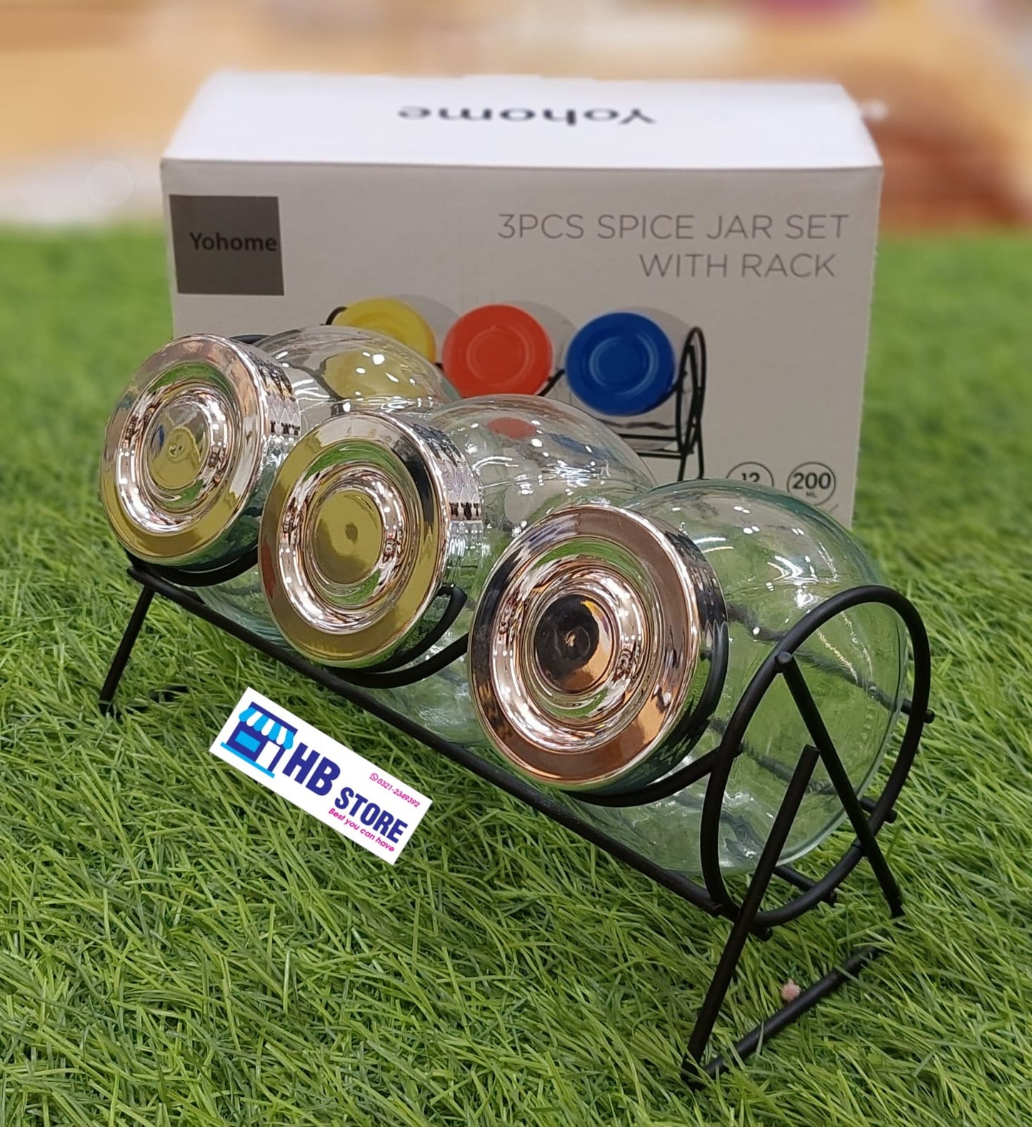 3-Piece Glass Spice Jar Set with Metal Rack