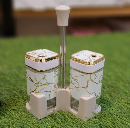 Elegant Marble-Pattern Salt and Pepper Shaker Set with Carrying Stand
