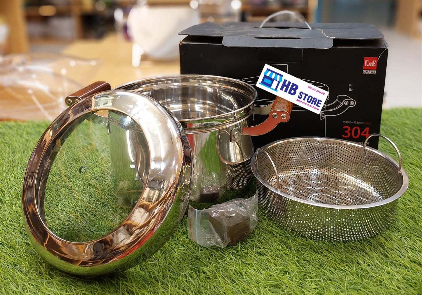 304 Stainless Steel Steamer Pot with Glass Lid & Wooden Handles