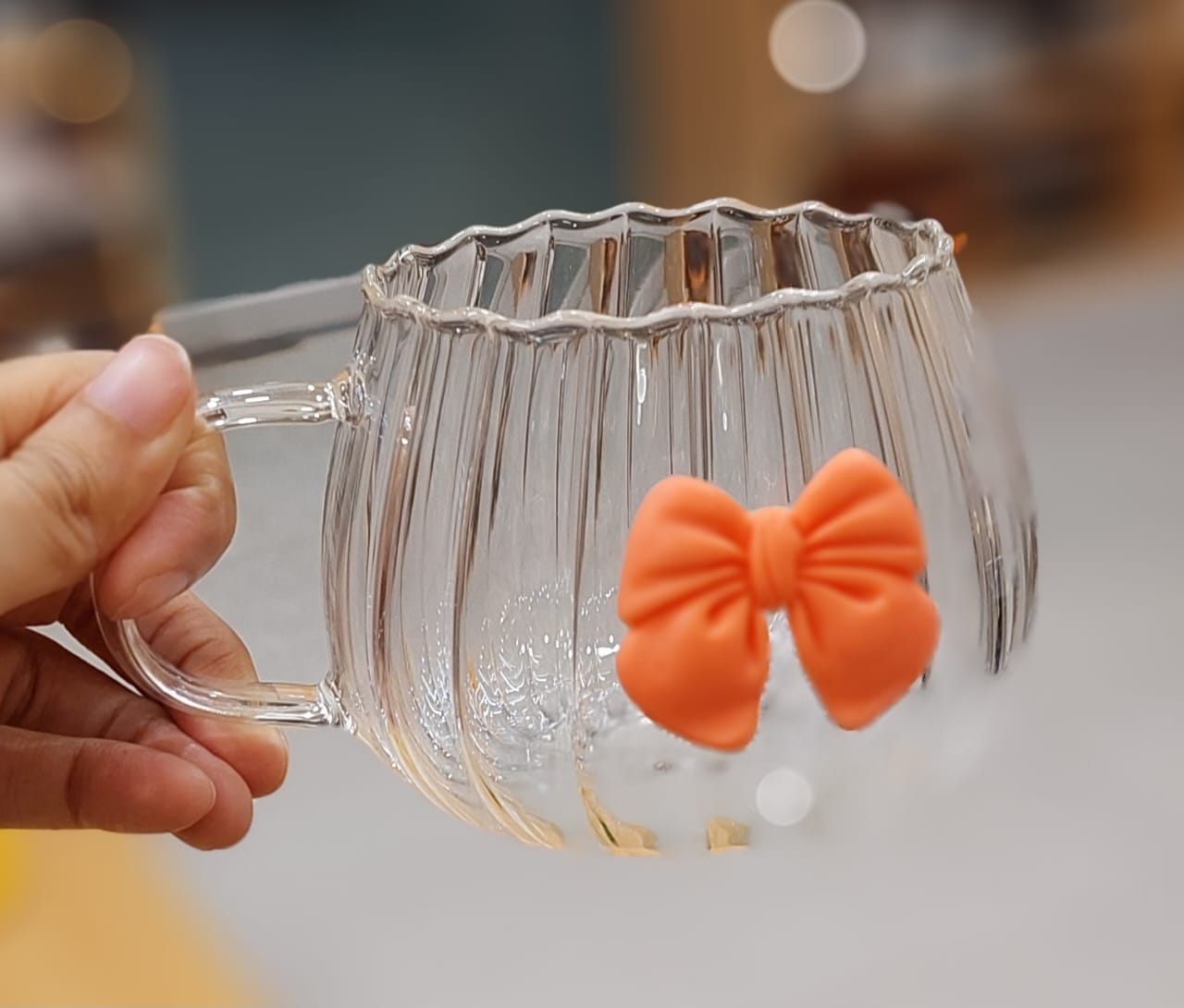 Adorable Fluted Glass Mug with Colorful Bow Accent