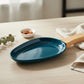 Nordic Ceramic Oval Serving Platter with Ergonomic Wooden Handle – Teal Blue