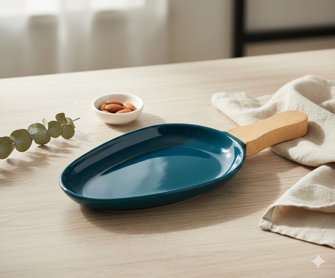 Nordic Ceramic Oval Serving Platter with Ergonomic Wooden Handle – Teal Blue