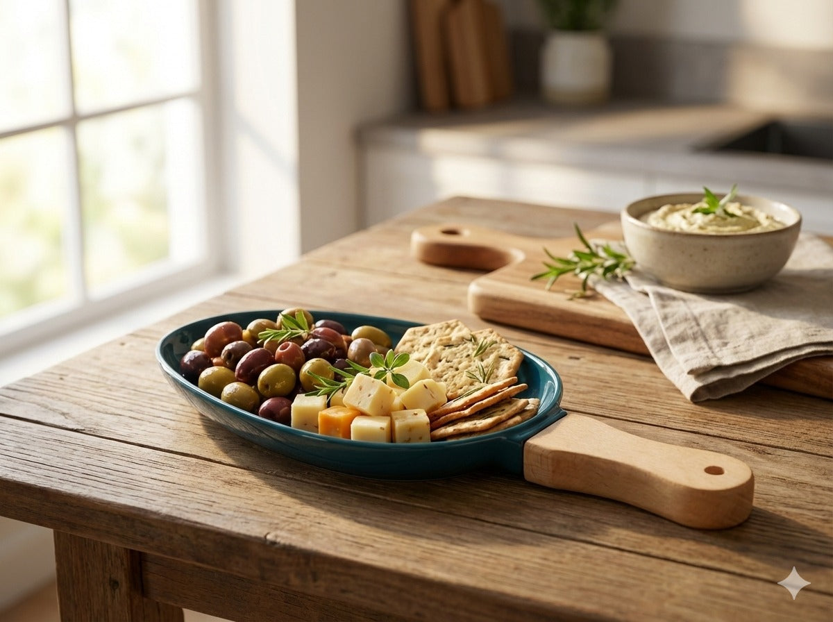 Nordic Ceramic Oval Serving Platter with Ergonomic Wooden Handle – Teal Blue