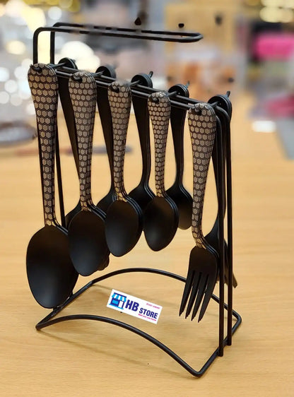 Matte Black & Gold Hanging Cutlery Set with Display Stand
