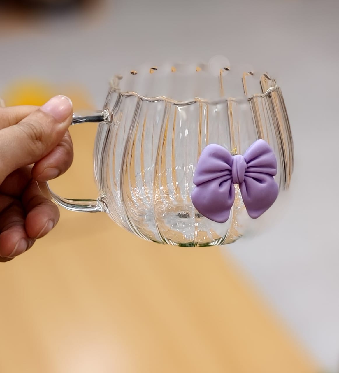 Adorable Fluted Glass Mug with Colorful Bow Accent