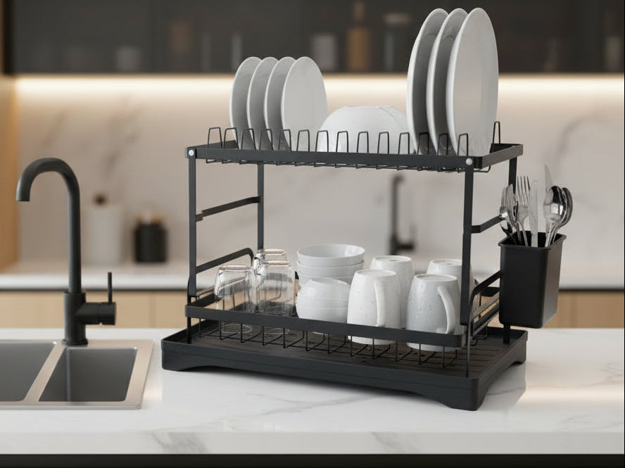 2-Tier Space-Saving Dish Drying Rack and Drain Board