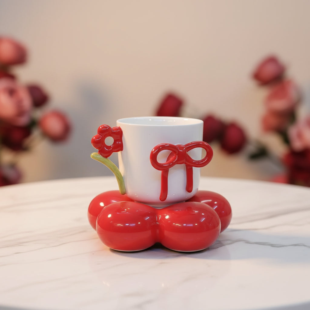 Aesthetic Bow Ceramic Teacup and Saucer