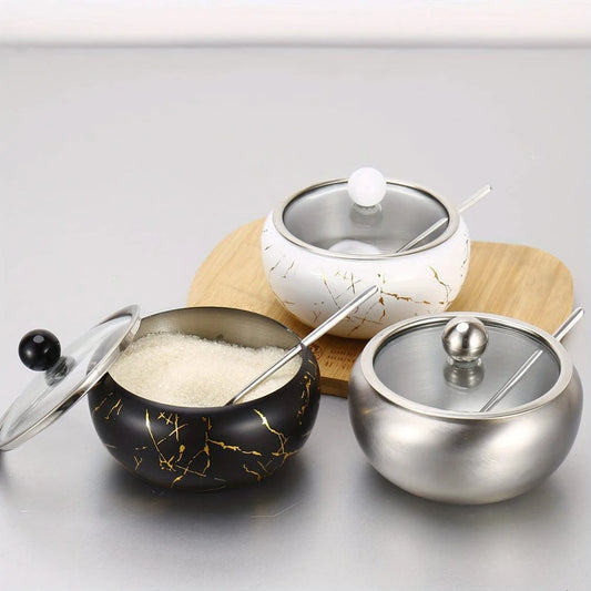 Stainless Steel Sugar Pot with Glass Lid and Spoon