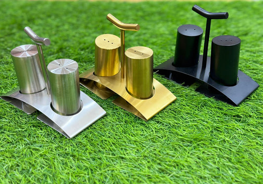 Modern Stainless Steel Salt & Pepper Shaker Set with Stand – Silver, Gold & Black