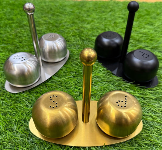 Stainless Steel Salt & Pepper Shaker Set with Stand – Modern Kitchen & Dining Table Accessory