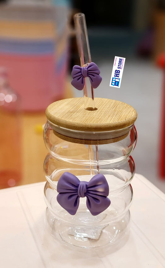 Elegant Bowknot Glass Cup with Lid & Straw - Wavy Striped Reusable Drinkware