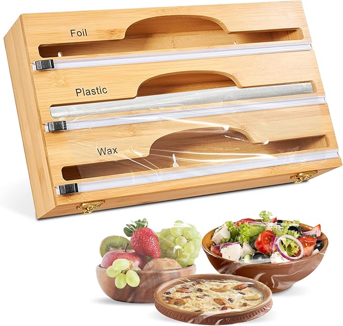 Bamboo Cling Film Cutting Box, Foil and Plastic Wrap Organizer with Cutter Dispenser, Kitchen Organization and Storage