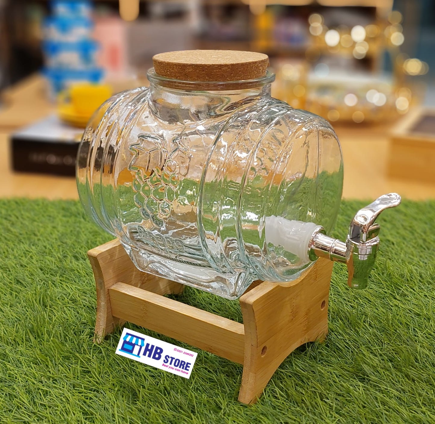 Vintage Glass Barrel Beverage Jar with Spigot and Wooden Rack