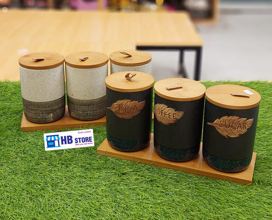 Rustic Ceramic Canister Set with Bamboo Lids and Tray