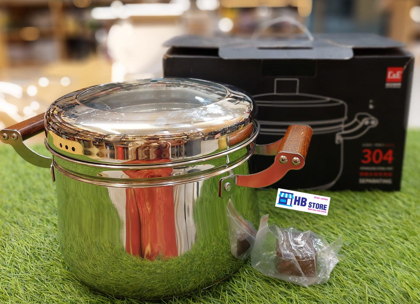304 Stainless Steel Steamer Pot with Glass Lid & Wooden Handles