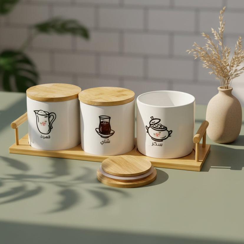 3-Piece Arabic Coffee Tea Sugar Ceramic Canister Set with Wooden Tray