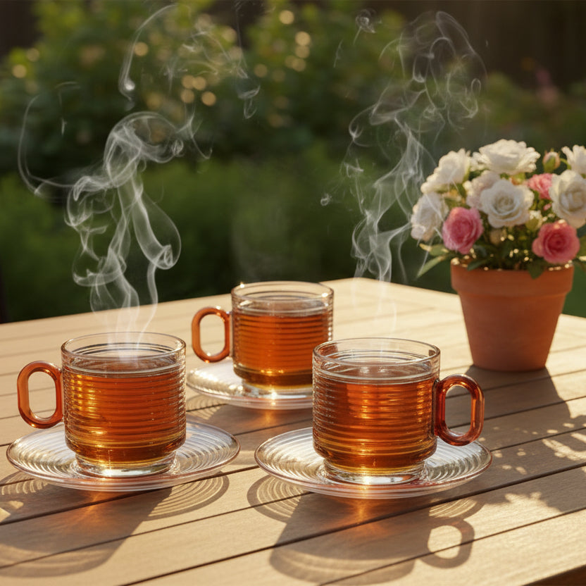 Sky Blossom Aesthetic Ribbed Glass Tea Set – 12 Pcs
