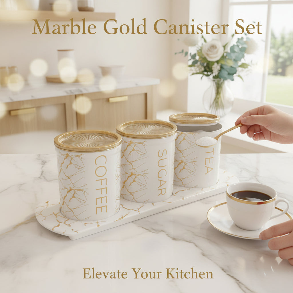 Elegant Marble Ceramic Kitchen Canister Set (3-Piece) with Matching Tray