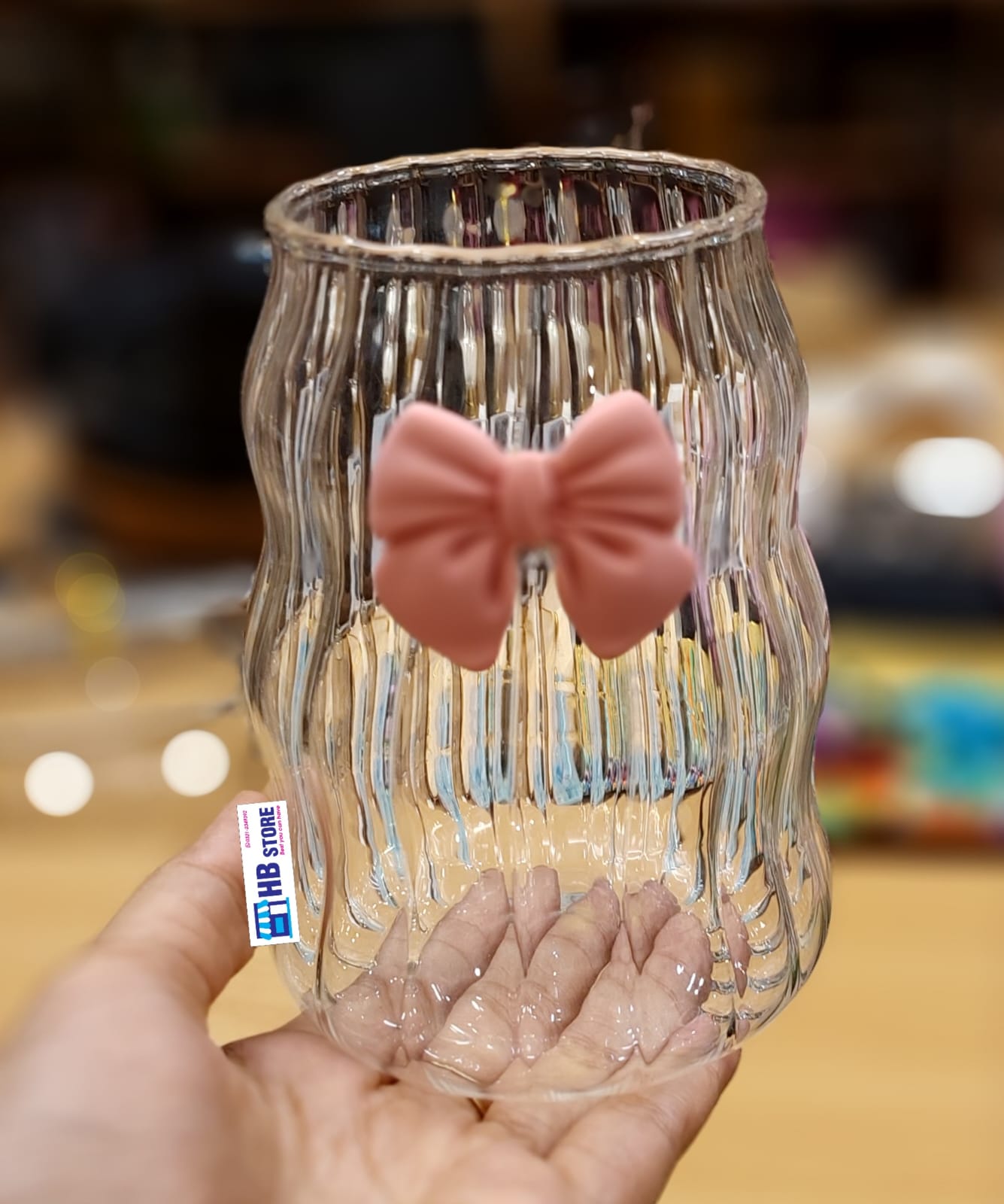 Whimsical Wavy Glass Tumbler with 3D Bow Accent