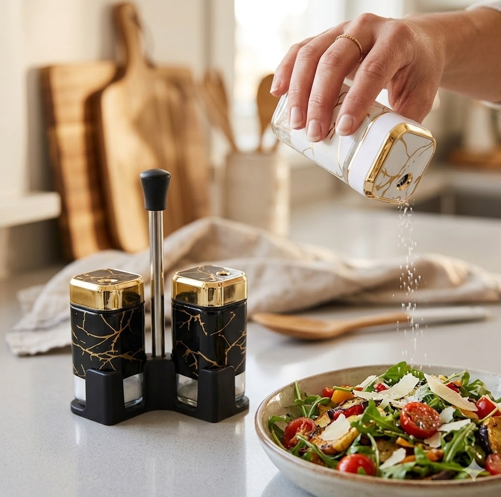 Elegant Marble-Pattern Salt and Pepper Shaker Set with Carrying Stand