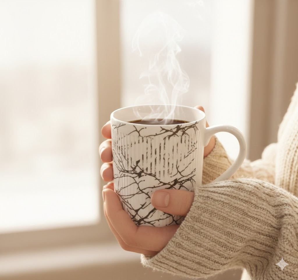 Set of 4 Marble-Effect Ceramic Coffee Mugs with Coaster Tray and Center Handle