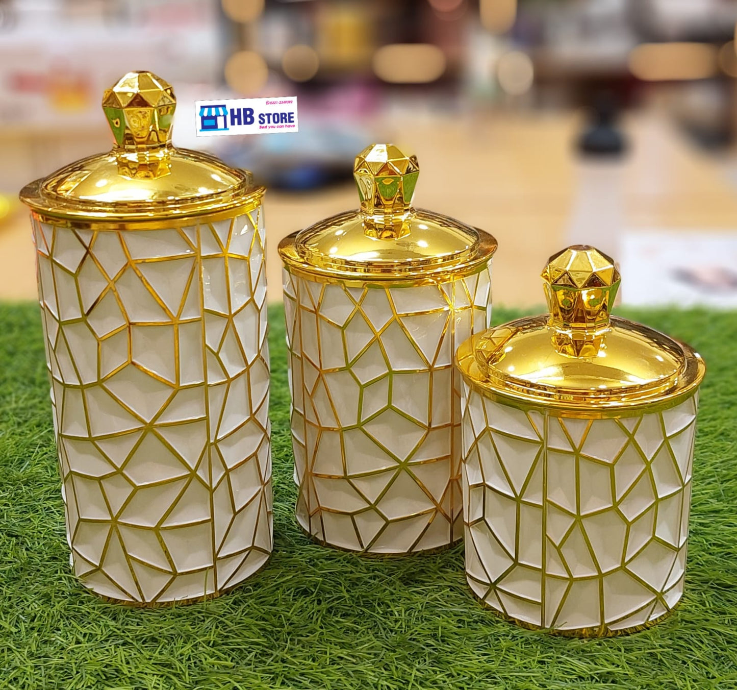 Luxury White and Gold Geo Storage Jars (Set of 3)