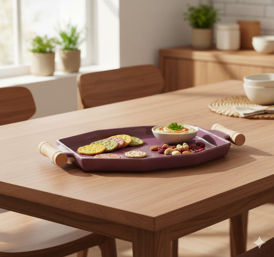 Modern Octagonal Ceramic Serving Tray with Natural Wood Handles – Elegant Mauve/Plum Glaze