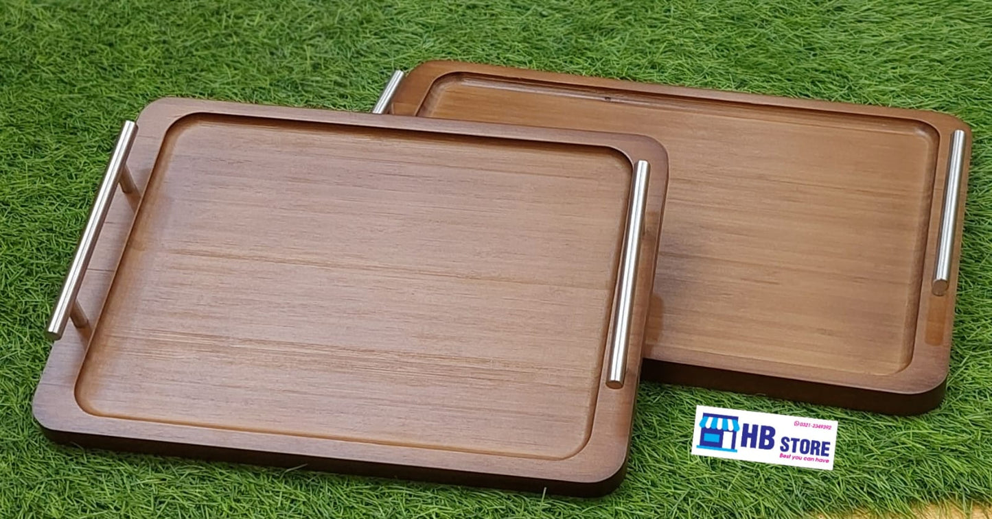 Set of 2 Modern Wooden Serving Trays with Metal Handles