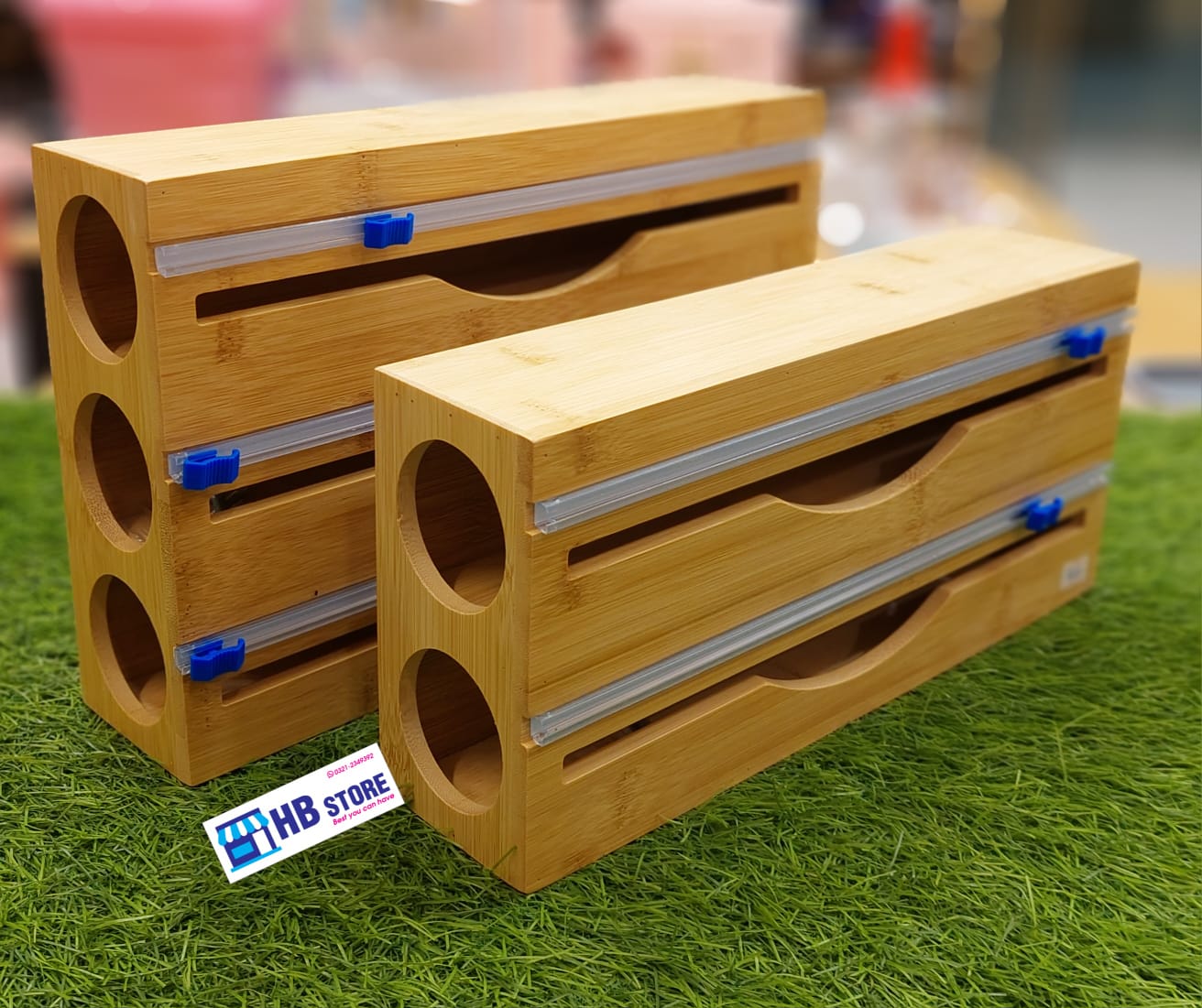 Bamboo Cling Film Cutting Box, Foil and Plastic Wrap Organizer with Cutter Dispenser, Kitchen Organization and Storage
