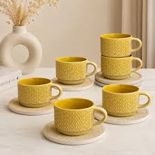 Danny Home Patterned Ceramic Cup and Saucer Set – 6 Pieces