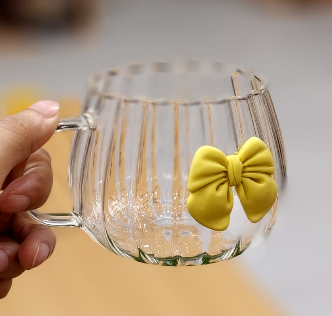 Adorable Fluted Glass Mug with Colorful Bow Accent